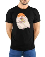 Shocked Hamster Holy Cross Meme Funny Graphic Tshirt - model wearing black tee with hands behind back