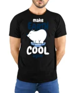 Caring Polar Bear Make Earth Cool Again Environmental Tshirt - model wearing black tee with hands behind back