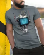 Ambient Cyberpunk Cats Retro TV Monitor Graphic Tshirt - model wearing grey tee, leaning on column