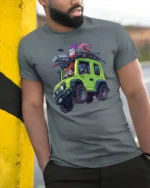 Adventure Painter Green Offroad Car Home Improvement Tshirt - model wearing grey tee, leaning on column