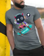 Devil Horn Skater Monster Headphones Graphic Street Tee - model wearing grey tee, leaning on column
