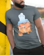 Chilling Capybara Hot Tub Citrus Zen Aesthetic Graphic Tee - model wearing grey tee, leaning on column