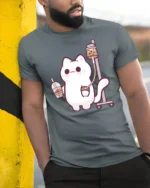 Kawaii Boba Addiction Cat Infusion Funny Graphic Tshirt - model wearing grey tee, leaning on column