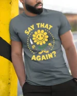 Sarcastic Smiling Flower Knife Threat Funny Graphic Tee - model wearing grey tee, leaning on column
