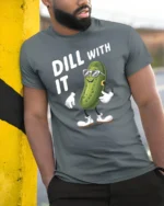 Rad Cucumber Dill With It Sarcastic Attitude Graphic Tee - model wearing grey tee, leaning on column