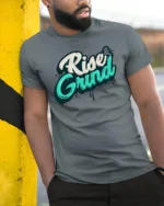 Urban Hustle Rise And Grind Graffiti Street Art Tshirt - model wearing grey tee, leaning on column