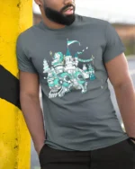 Splendid Mechanical Rabbit Castle Birthday Party Graphic Tee - model wearing grey tee, leaning on column
