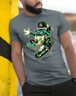 Retro Gaming Skater Rebel Console Cool Graphic Tshirt - model wearing grey tee, leaning on column