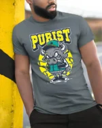 Angry Purist Bull Mascot Athletic Urban Graphic Tshirt - model wearing grey tee, leaning on column