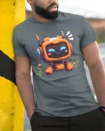 Friendly Orange Robot Monitor Face Botanical Graphic Tshirt - model wearing grey tee, leaning on column