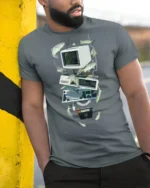 Retro Computer Tech Fish Surreal Graphic Tshirt - model wearing grey tee, leaning on column