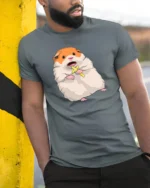 Shocked Hamster Holy Cross Meme Funny Graphic Tshirt - model wearing grey tee, leaning on column