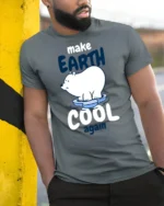 Caring Polar Bear Make Earth Cool Again Environmental Tshirt - model wearing grey tee, leaning on column
