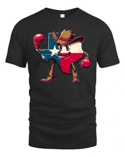 Aggressive Texas Lone Star Boxing Cowboy Mascot Graphic Tee - black t-shirt on white background