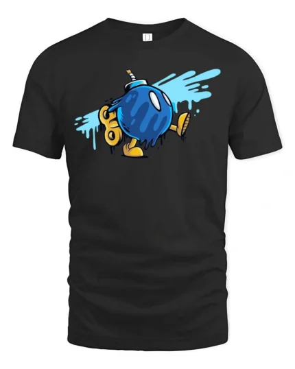 Entertaining Wind Up Blue Bomb Walking Retro Graphic Tee - black t-shirt on white background
