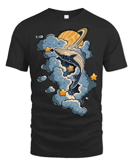 Enchanting Outer Space Whale Cosmic Stars Graphic Tee - black t-shirt on white background