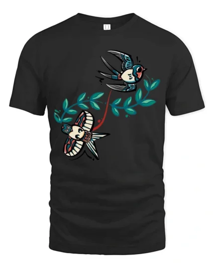 Traditional Sailor Swallow Bird Old School Tattoo Graphic Tee - black t-shirt on white background