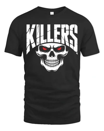 Aggressive Killers Skull Red Eyes Gritty Graphic Horror Tee - black t-shirt on white background