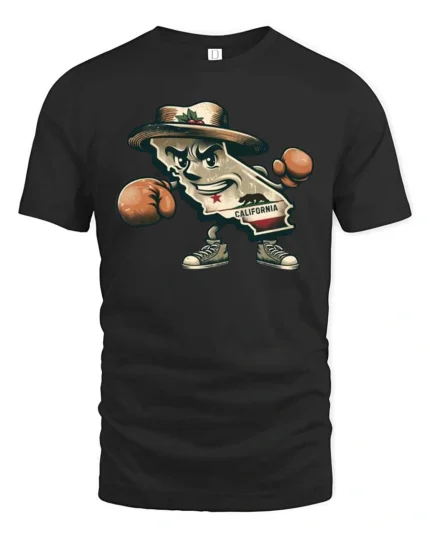 Aggressive California Republic Boxing Bear Mascot Graphic Tee - black t-shirt on white background