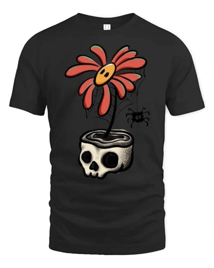 Gothic Skull Planter Red Daisy Flower Creepy Graphic Tee - black t-shirt on white background