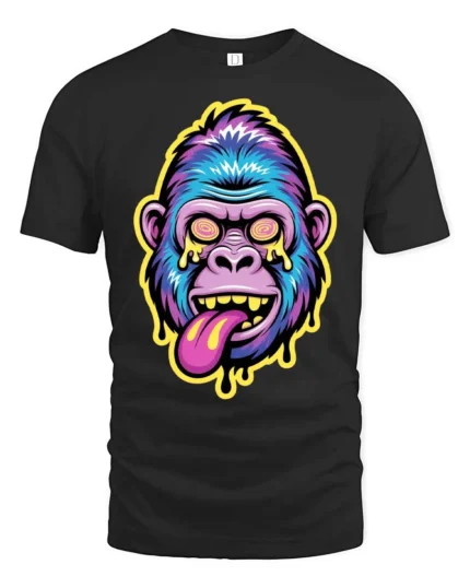 Trippy Psychedelic Ape Hypnotic Eyes Melting Graphic Tee - black t-shirt on white background