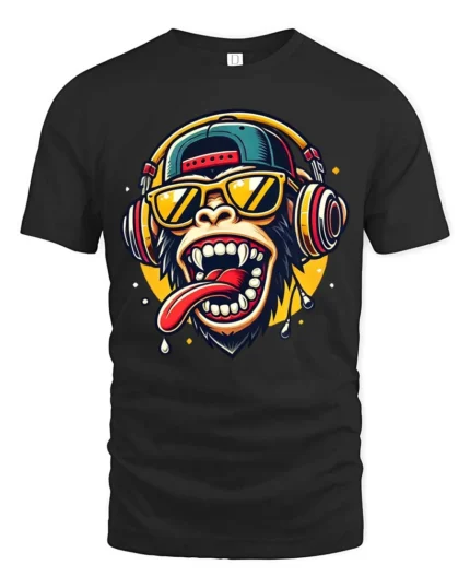 Entertaining Hip Hop DJ Chimpanzee Wearing Headphones Graphic Tee - black t-shirt on white background
