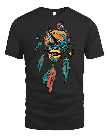 Mystical Dreamcatcher Humpback Whale Sea Waves Graphic Tee - black t-shirt on white background