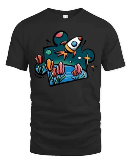 Enchanting Outer Space Rocket Ship Puzzle Piece Graphic Tee - black t-shirt on white background