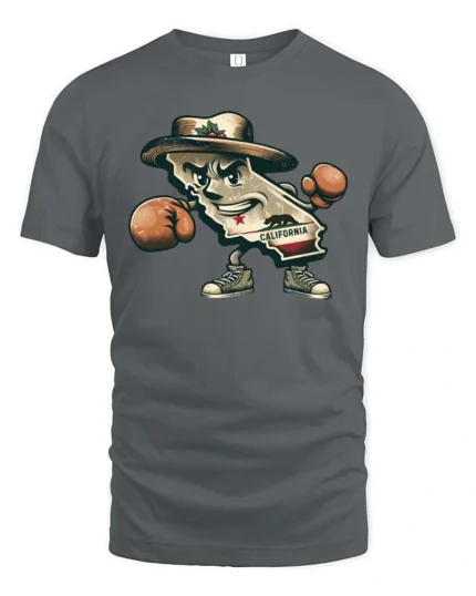 Aggressive California Republic Boxing Bear Mascot Graphic Tee - gray t-shirt on white background