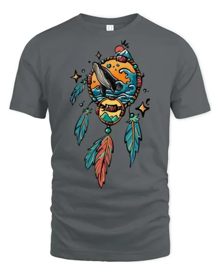 Mystical Dreamcatcher Humpback Whale Sea Waves Graphic Tee - gray t-shirt on white background