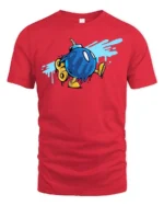 Entertaining Wind Up Blue Bomb Walking Retro Graphic Tee - red t-shirt on white background