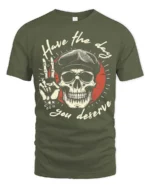 Have The Day You Deserve Retro Skull Graphic Tee - military green t-shirt on white background