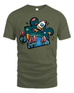 Enchanting Outer Space Rocket Ship Puzzle Piece Graphic Tee - military green t-shirt on white background