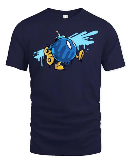 Entertaining Wind Up Blue Bomb Walking Retro Graphic Tee - navy t-shirt on white background