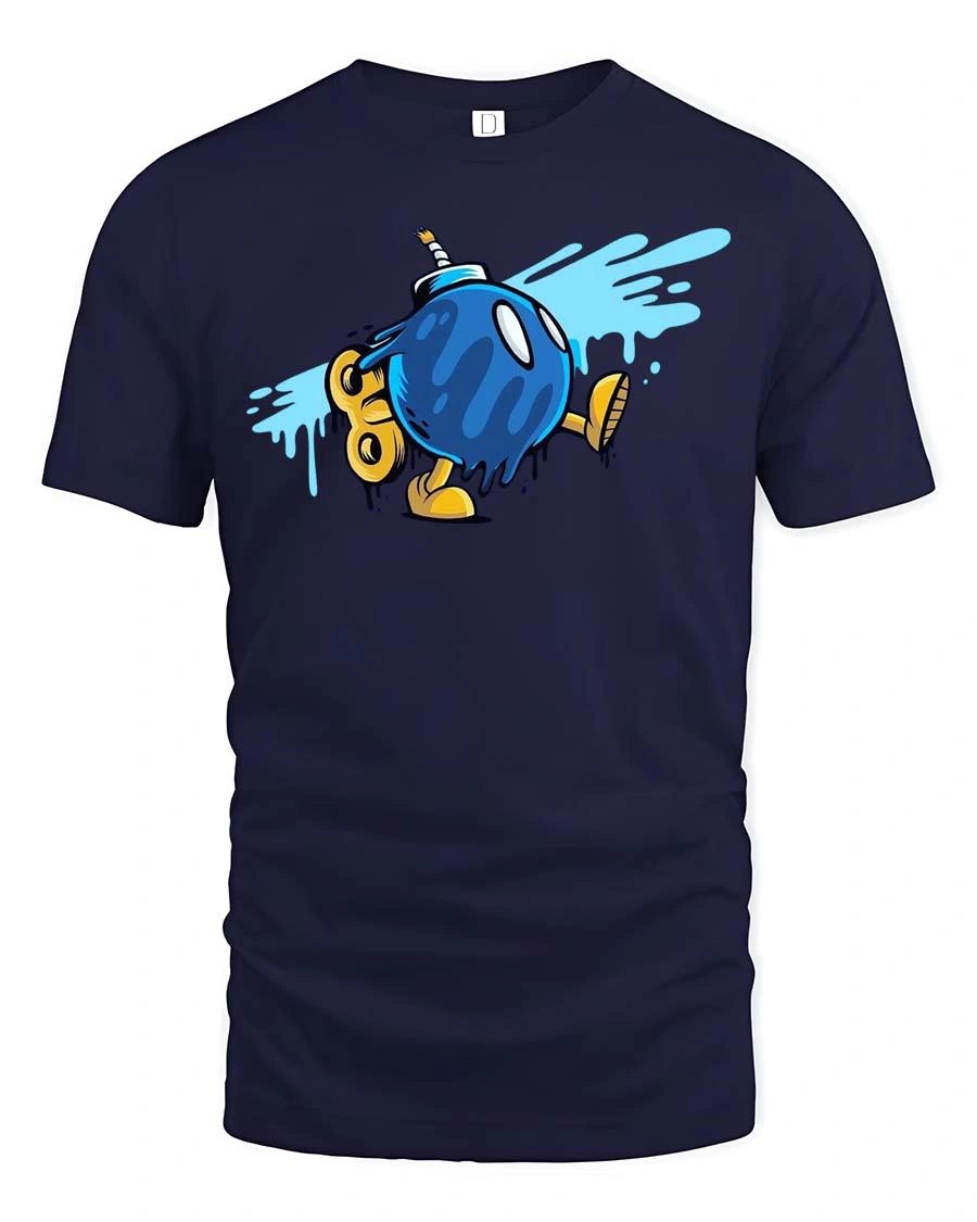 Entertaining Wind Up Blue Bomb Walking Retro Graphic Tee - 1 Entertaining Wind Up Blue Bomb Walking Retro Graphic Tee - navy t-shirt on white background