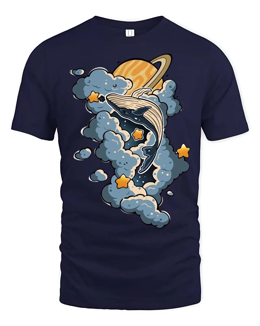 Enchanting Outer Space Whale Cosmic Stars Graphic Tee - 1 Enchanting Outer Space Whale Cosmic Stars Graphic Tee - navy t-shirt on white background
