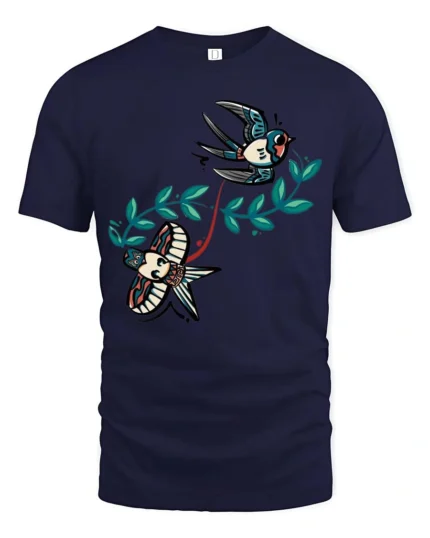 Traditional Sailor Swallow Bird Old School Tattoo Graphic Tee - navy t-shirt on white background