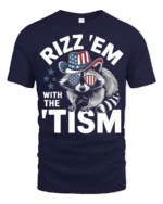 Hilarious Rizz Em With The Tism Patriotic Raccoon Graphic Tee - navy t-shirt on white background