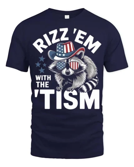 Hilarious Rizz Em With The Tism Patriotic Raccoon Graphic Tee - navy t-shirt on white background
