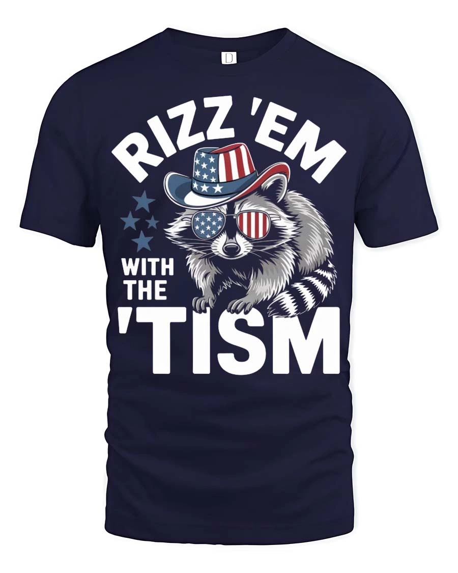 Hilarious Rizz Em With The Tism Patriotic Raccoon Graphic Tee - 1 Hilarious Rizz Em With The Tism Patriotic Raccoon Graphic Tee - navy t-shirt on white background