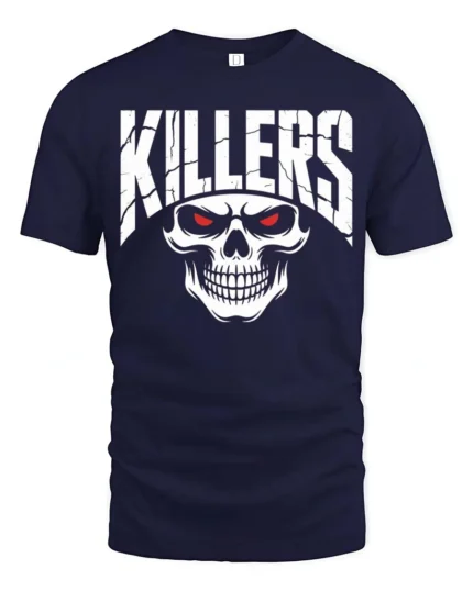Aggressive Killers Skull Red Eyes Gritty Graphic Horror Tee - navy t-shirt on white background