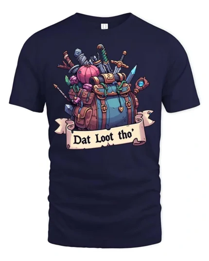 Amusing Dat Loot Tho RPG Gaming Backpack Graphic Tee - navy t-shirt on white background