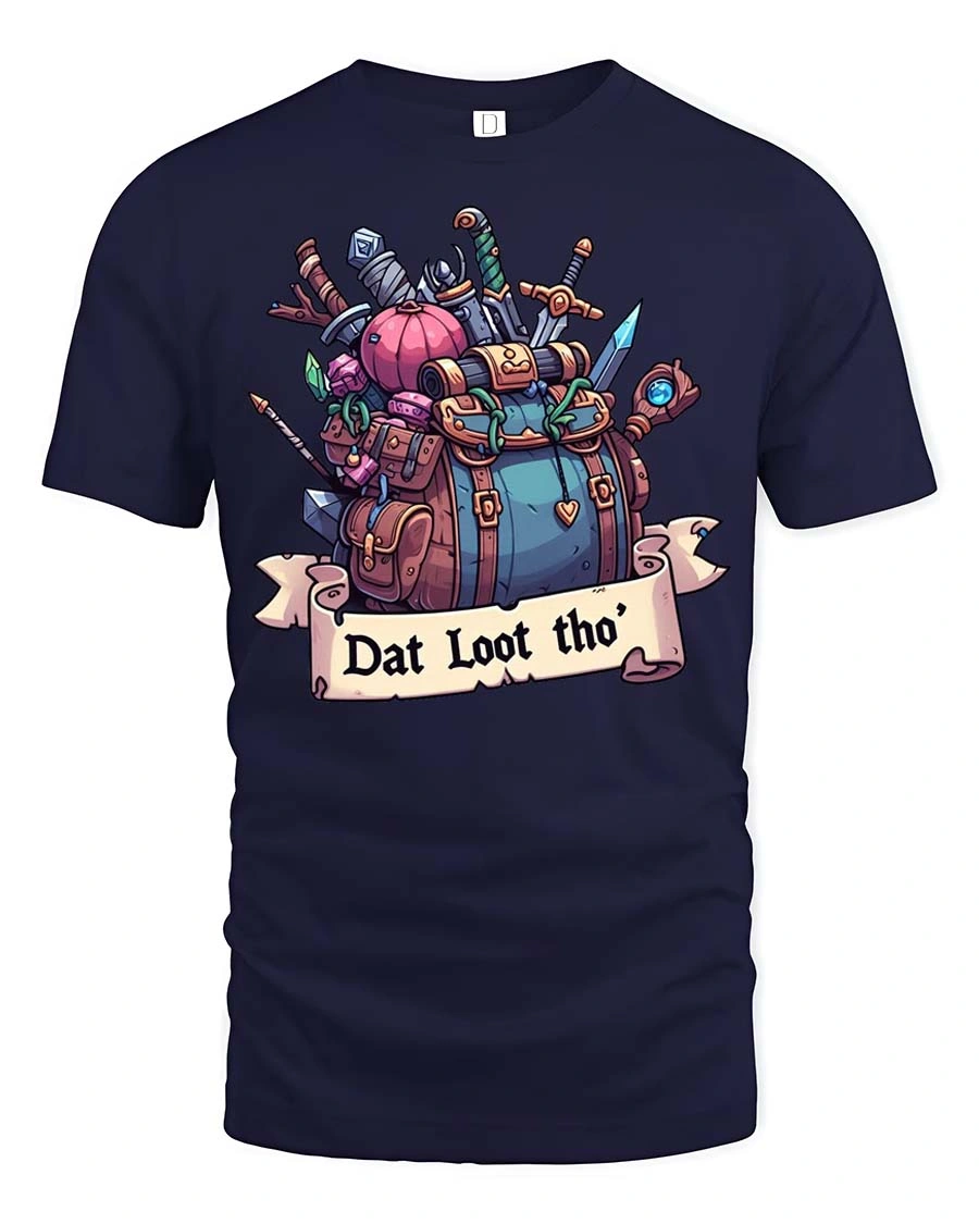 Amusing Dat Loot Tho RPG Gaming Backpack Graphic Tee - 1 Amusing Dat Loot Tho RPG Gaming Backpack Graphic Tee - navy t-shirt on white background