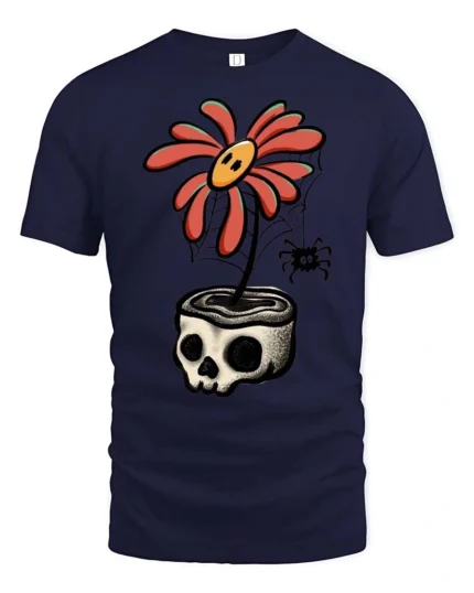 Gothic Skull Planter Red Daisy Flower Creepy Graphic Tee - navy t-shirt on white background