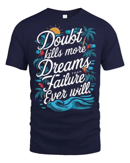 Motivational Tropical Sunset Parrot Palm Tree Soft Tshirt - navy t-shirt on white background