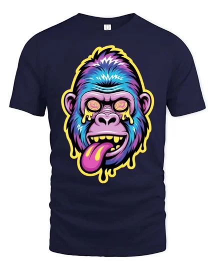 Trippy Psychedelic Ape Hypnotic Eyes Melting Graphic Tee - navy t-shirt on white background