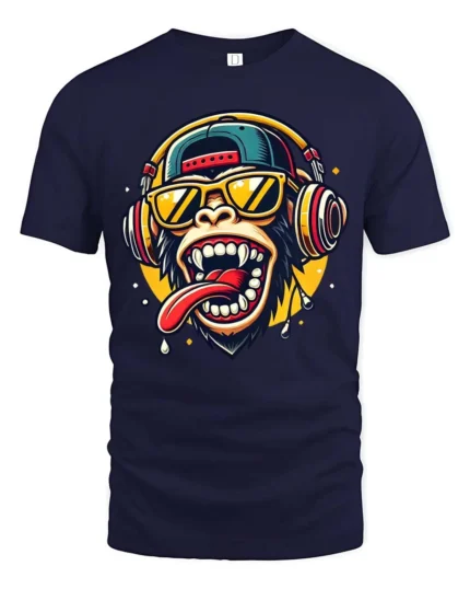Entertaining Hip Hop DJ Chimpanzee Wearing Headphones Graphic Tee - navy t-shirt on white background