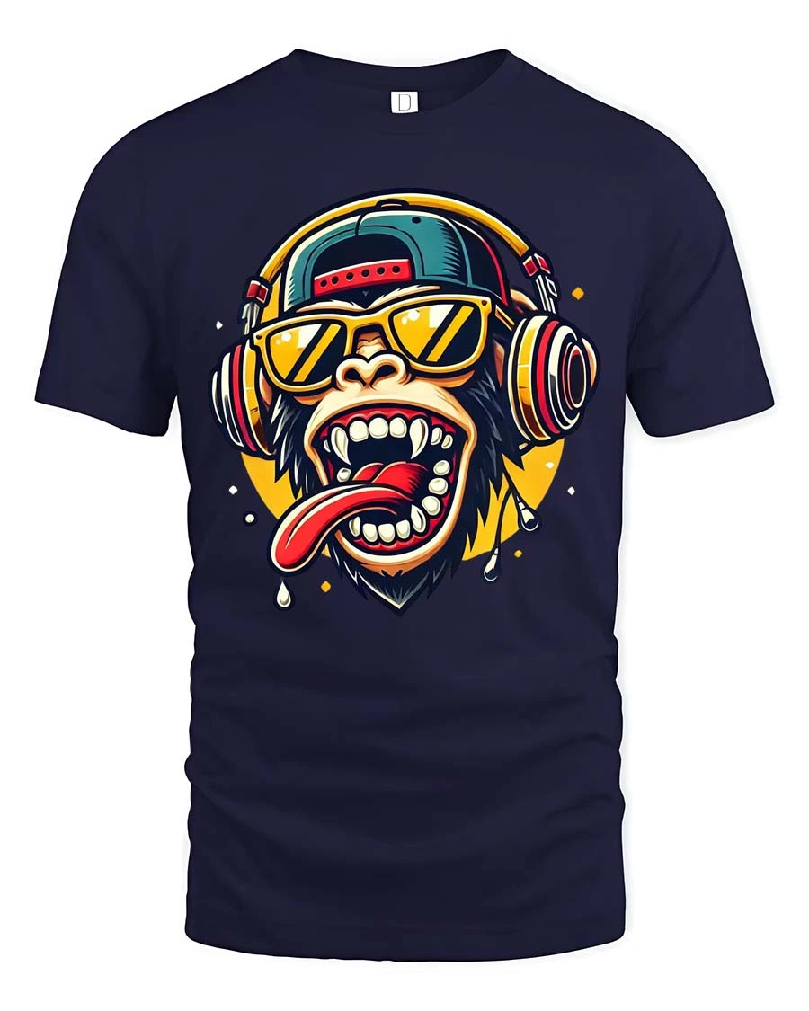 Entertaining Hip Hop DJ Chimpanzee Wearing Headphones Graphic Tee - 1 Entertaining Hip Hop DJ Chimpanzee Wearing Headphones Graphic Tee - navy t-shirt on white background