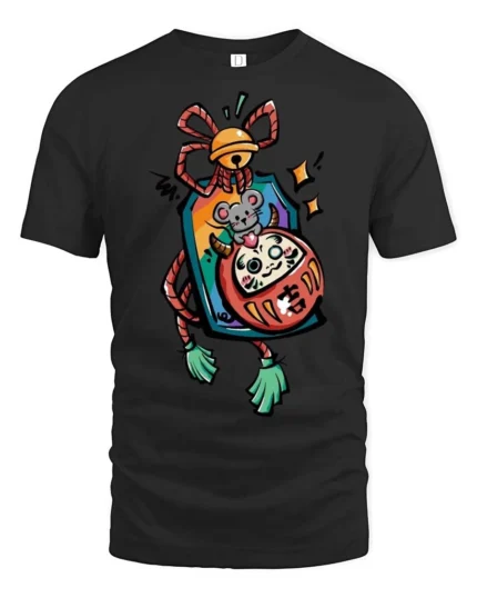 Charming Lucky Daruma Doll Japanese Mouse Talisman Graphic Tee - black t-shirt on white background
