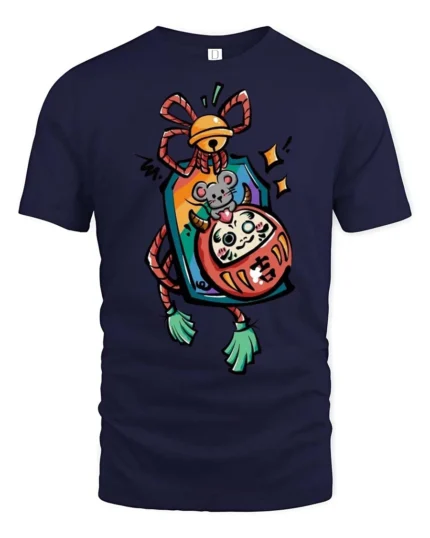 Charming Lucky Daruma Doll Japanese Mouse Talisman Graphic Tee - navy t-shirt on white background